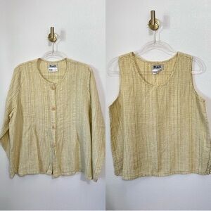 Flax 100% Linen Yellow Pleated Collarless Blazer & Sleeveless Top Set Size M